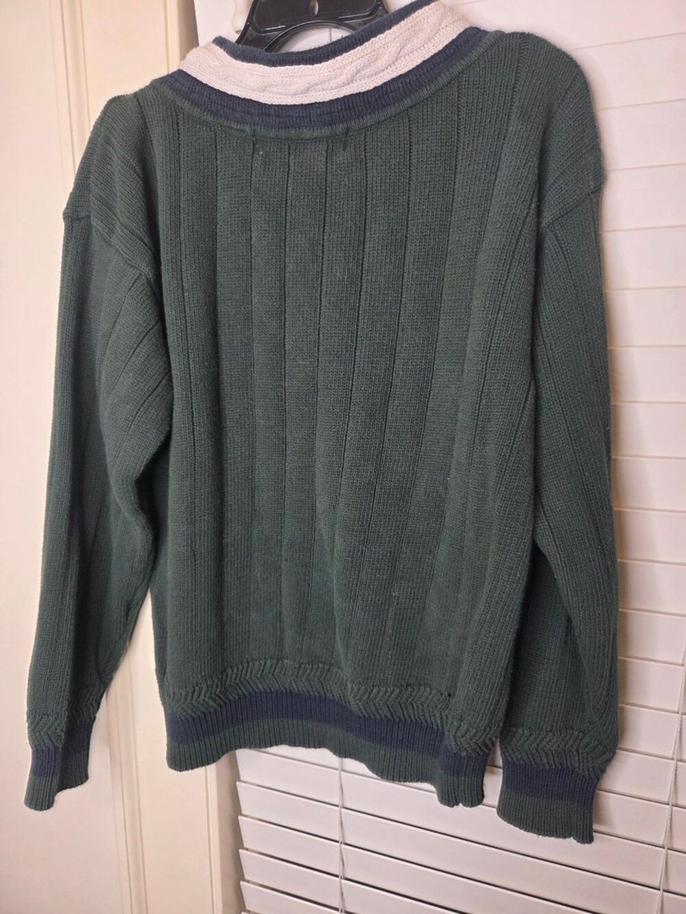 VTG Mens Sweater V-Neck Preppy Tennis Cricket Green Navy White Cable Knit - Picture 3 of 6
